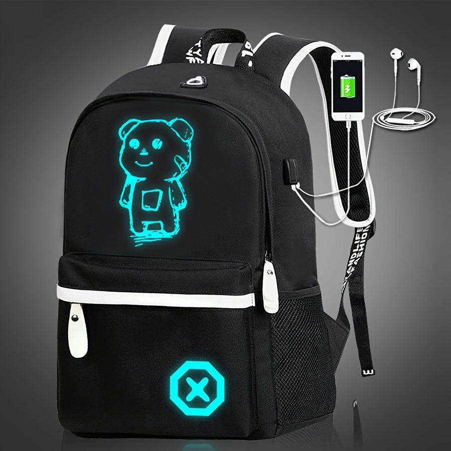Glow-in-the-Dark Cartoon Backpack with USB Charging Adjustable Straps Zipper Closure