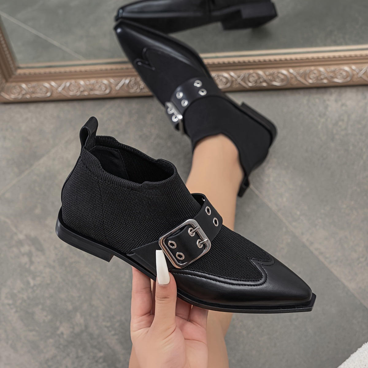 Women's Stretch Slip-On Ankle Booties with Buckle Flat Heel Pointed Toe