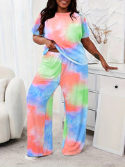 Adult Tie Dye Short Sleeve T Shirt and Pants Loungewear Set Polyester Casual Spring Fall