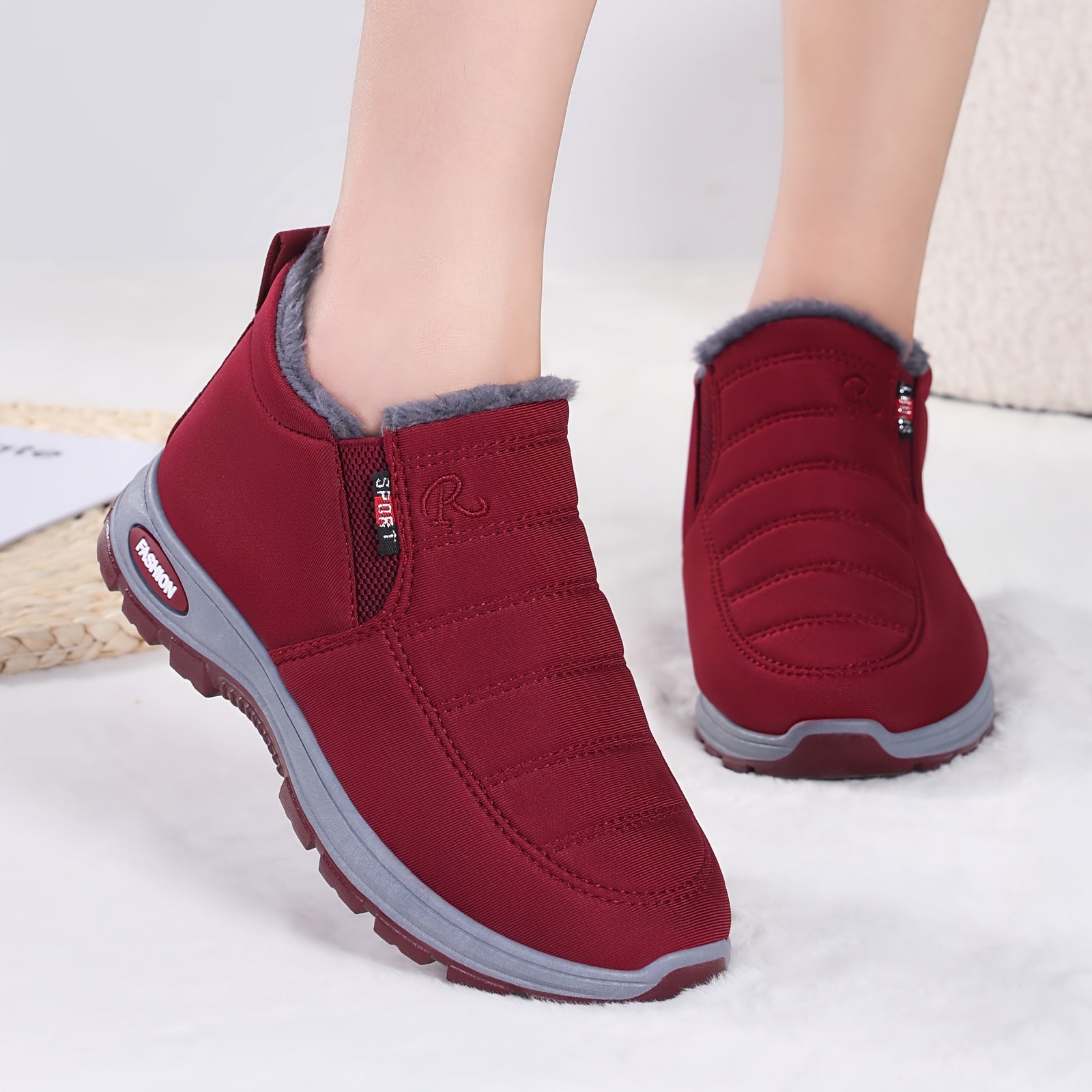Women's Fleece-Lined Ankle Boots Lightweight Warm Maroon Casual