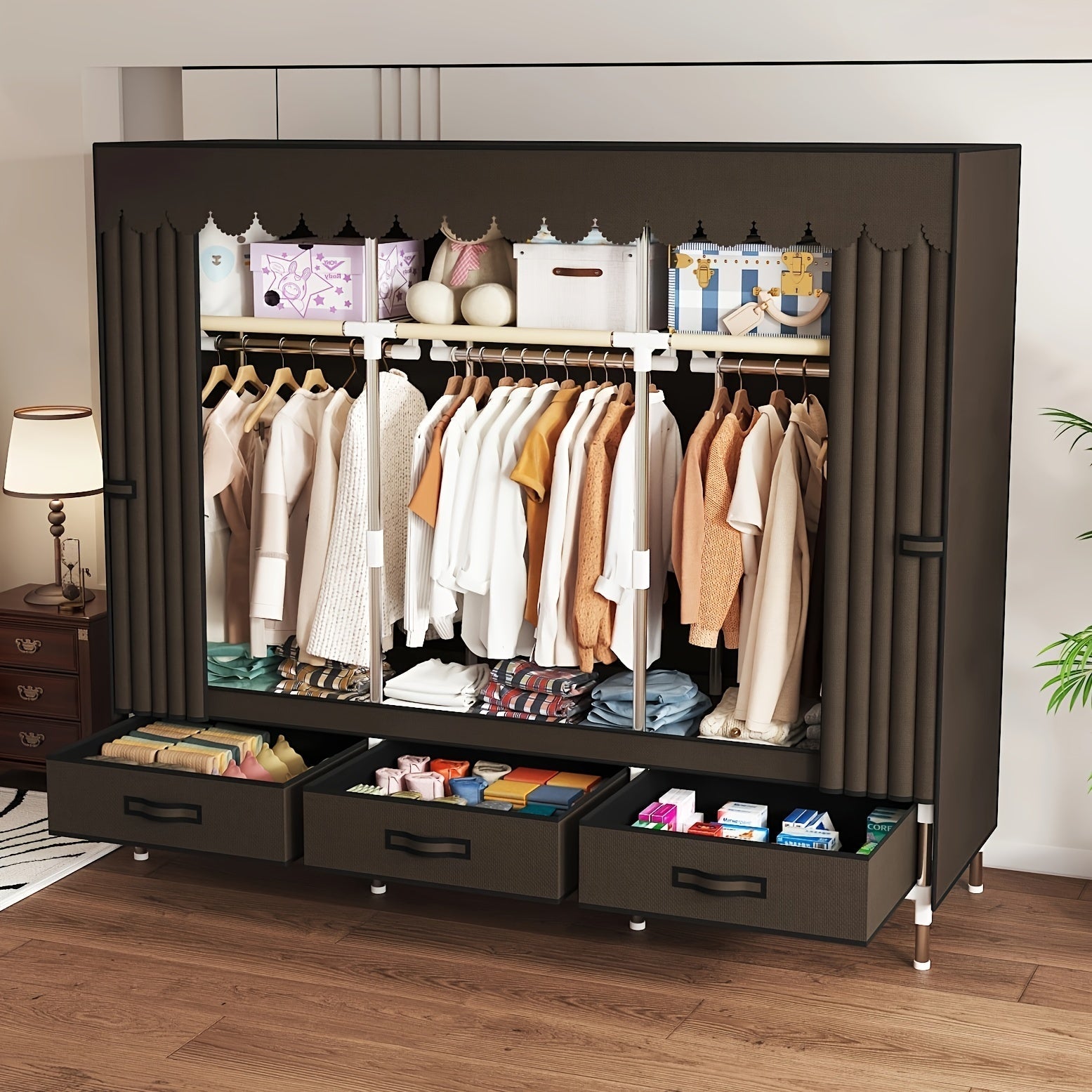 Organizador portátil para armario con 3 barras colgantes, 6 estantes, estructura de acero aleado