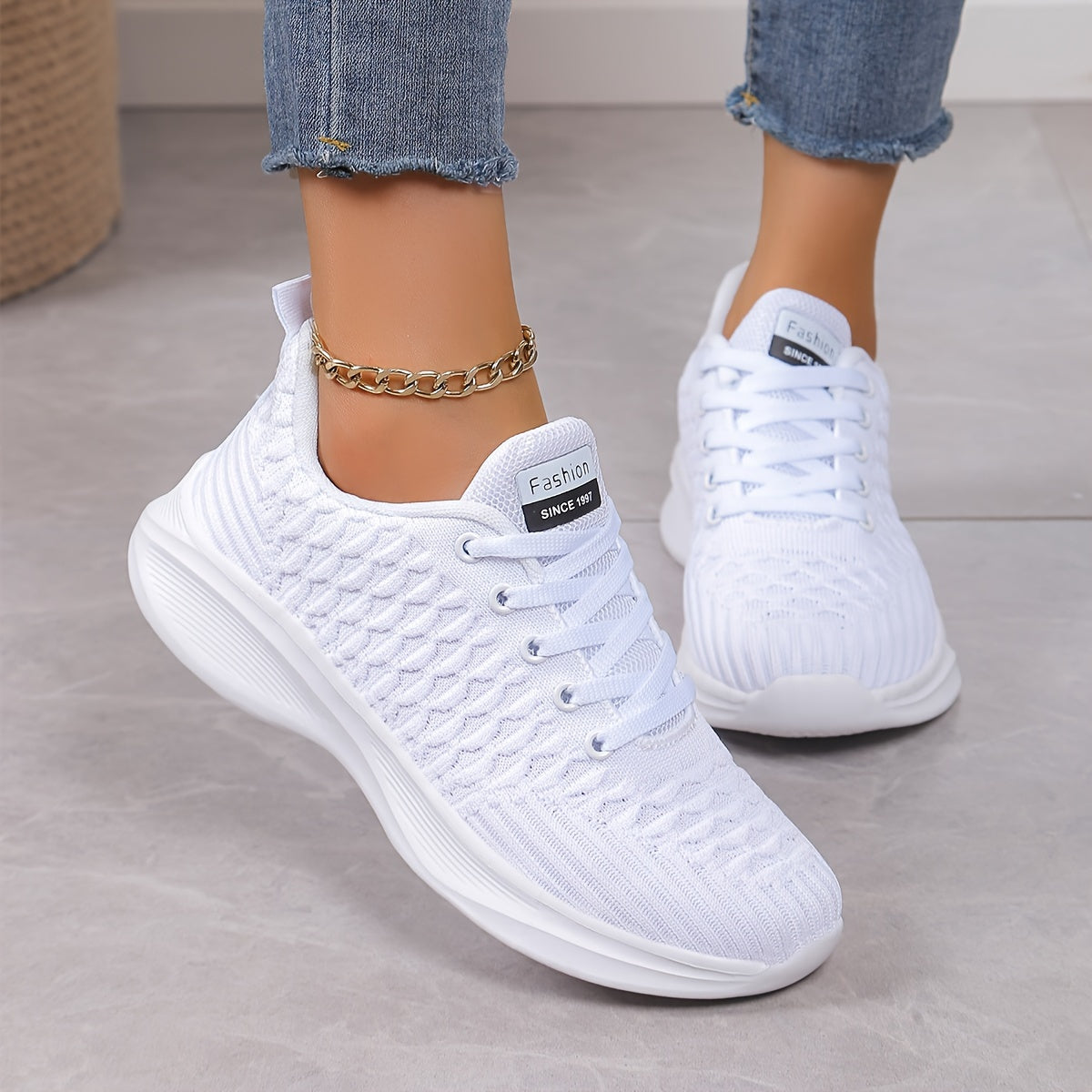 Women's Solid Color Lace-Up Platform Sneakers, Breathable Athletic Shoes