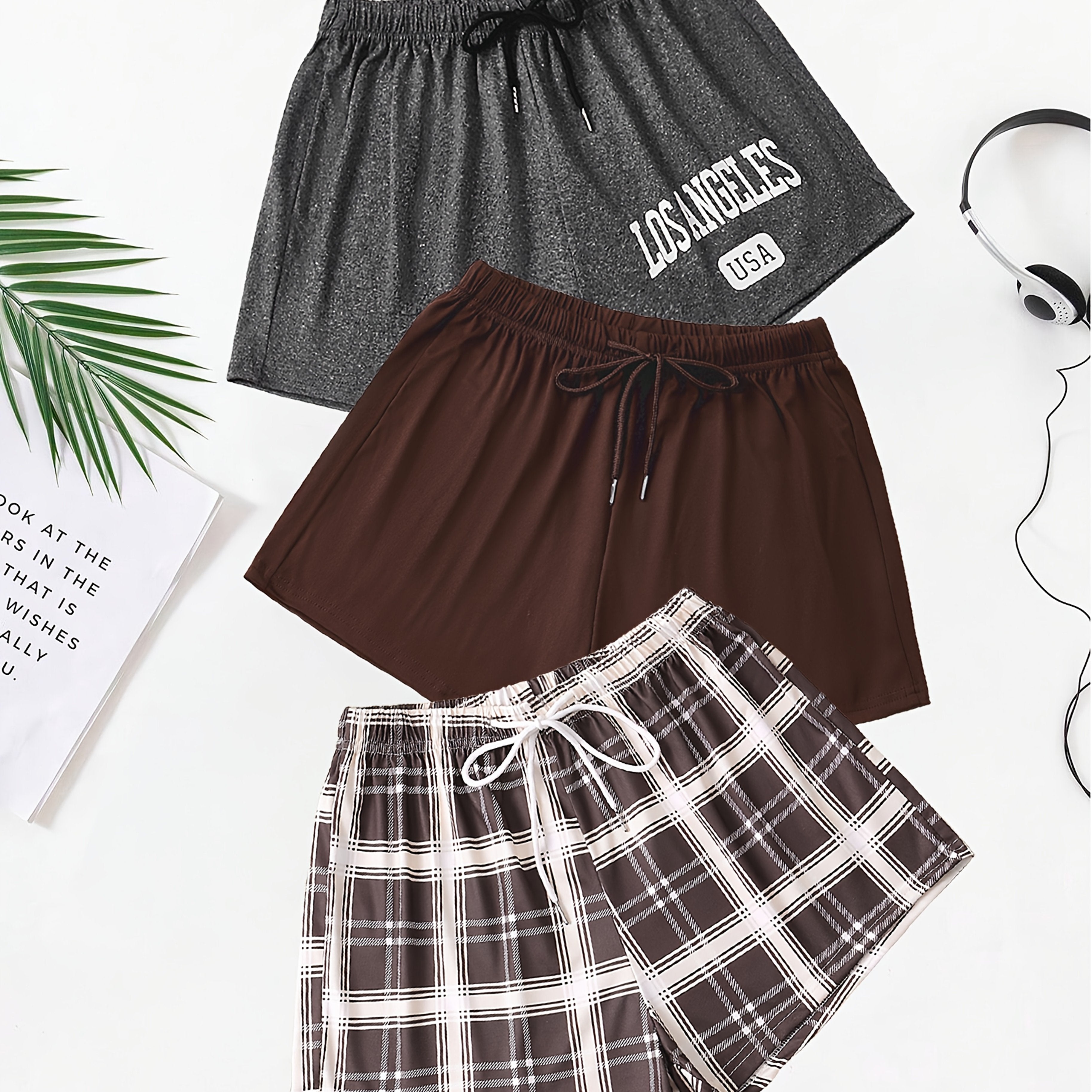 Conjunto de pantalones cortos de descanso para mujer con estampado de cuadros y letras, con cordón elástico, conjunto de ropa de descanso casual de 3 piezas