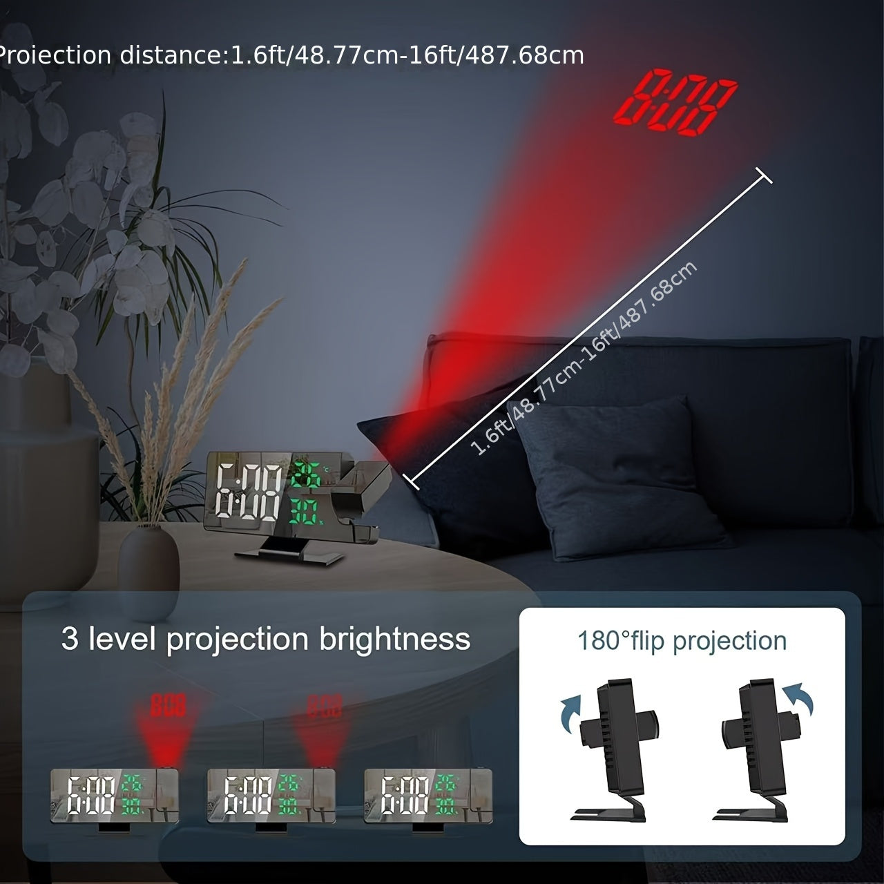 LED Projection Clock with Temperature Humidity Display and Electronic Alarm for Bedroom