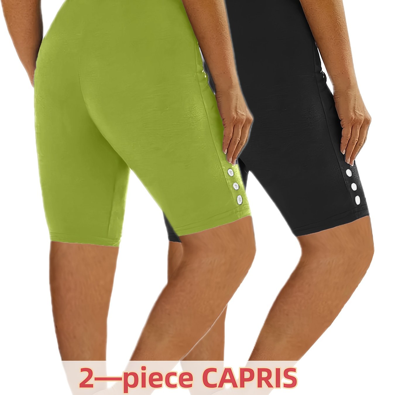 Plus Size Women's High-Waisted Capri Leggings Yoga Shorts, Stretchy, Lightweight Summer Activewear Black Green