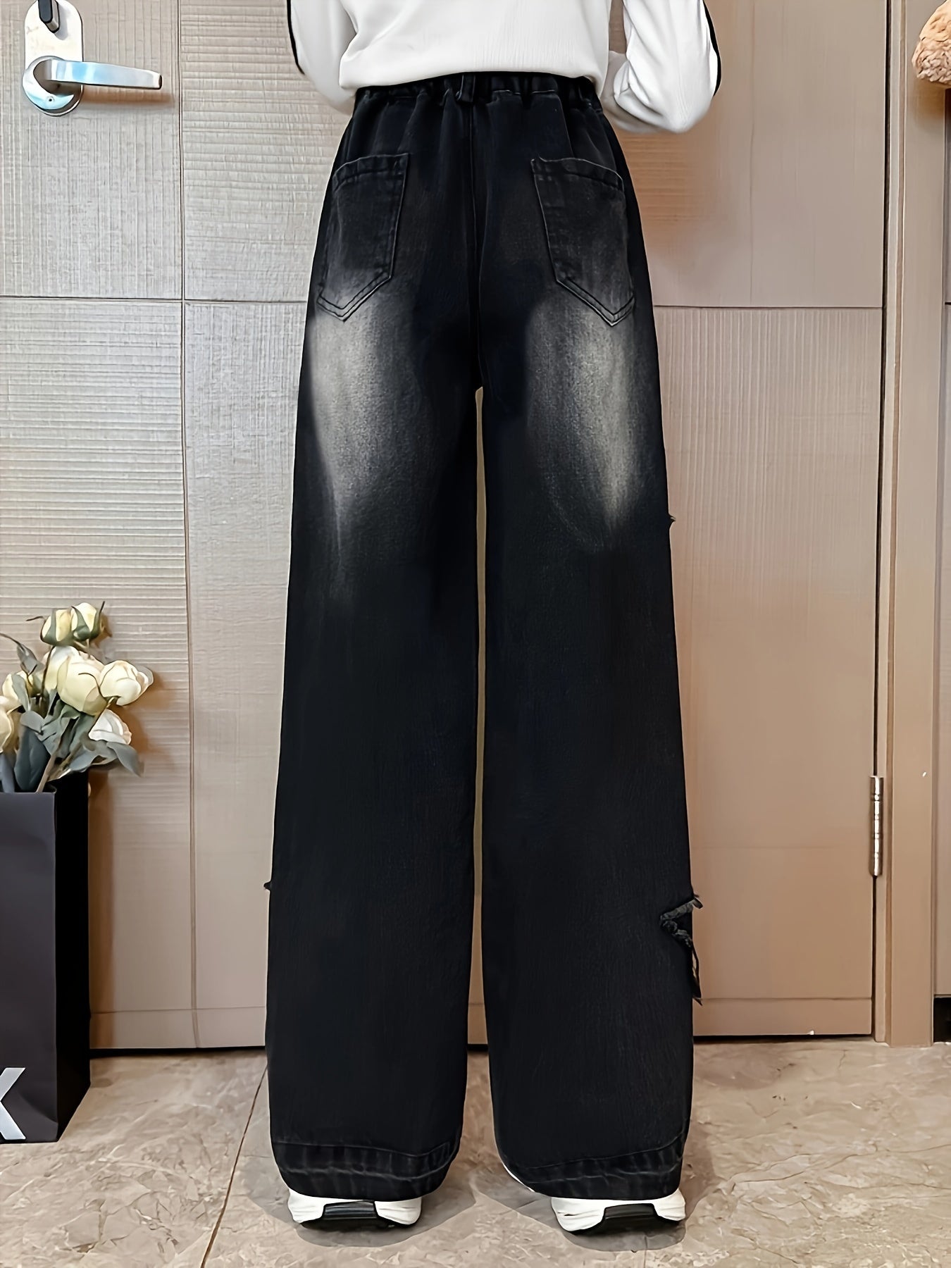 Girls Black Denim Jeans with Elastic Waist Straight Leg Street Style for Ages 9-15