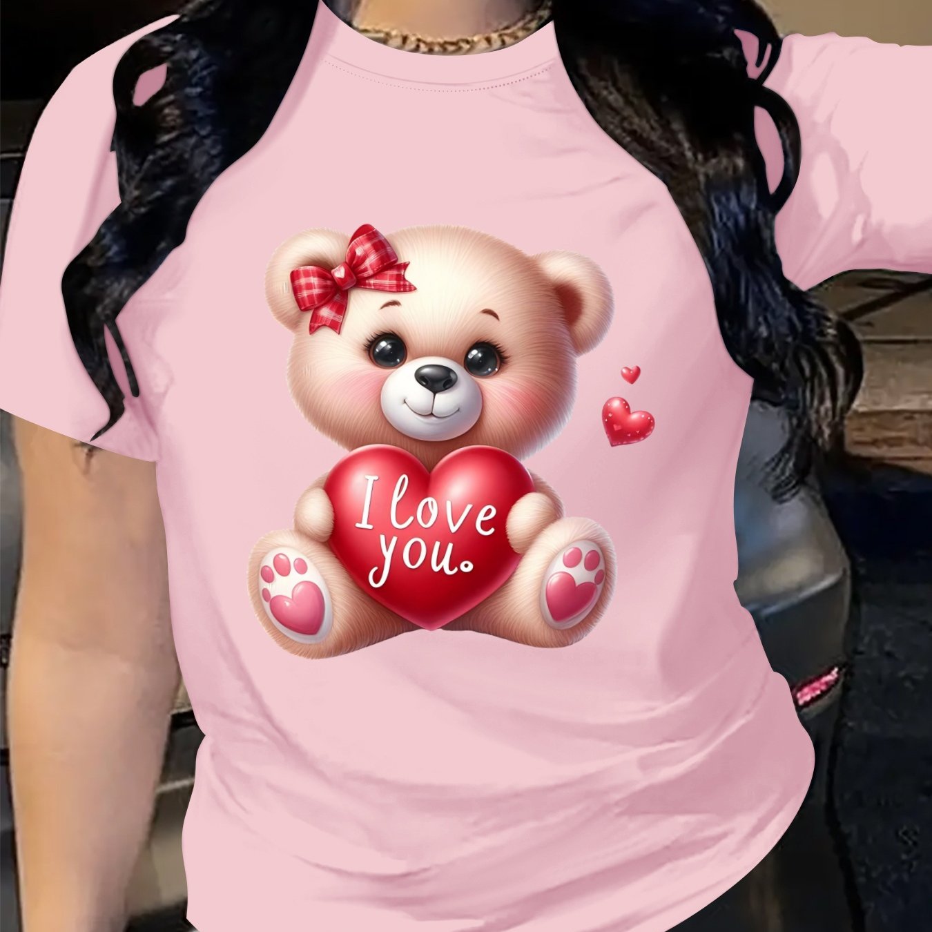 Plus Size Women's Loose Fit T-Shirt with Cartoon Bear and Heart Print