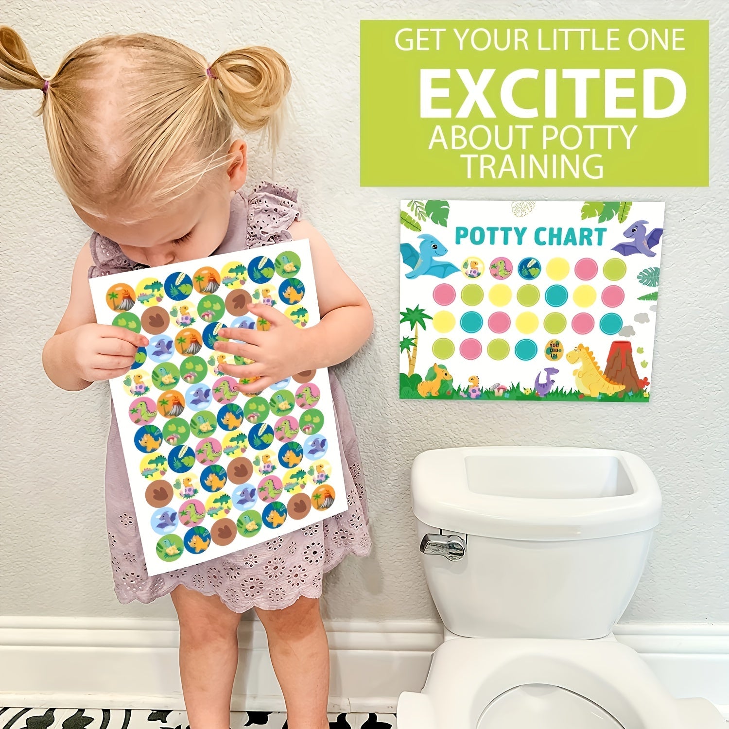 Dinosaur Design Potty Training Chart Set 10 ta magnit qayta ishlatiladigan grafikalar, 70 dona qayta ishlatiladigan stikerlar uchun 4 ta varaq, 1 ta ko'rsatma kitobi, 1 ta yopishqoq nuqtalar varaqasini o'z ichiga oladi. O'g'il va qizlar uchun mukammal.