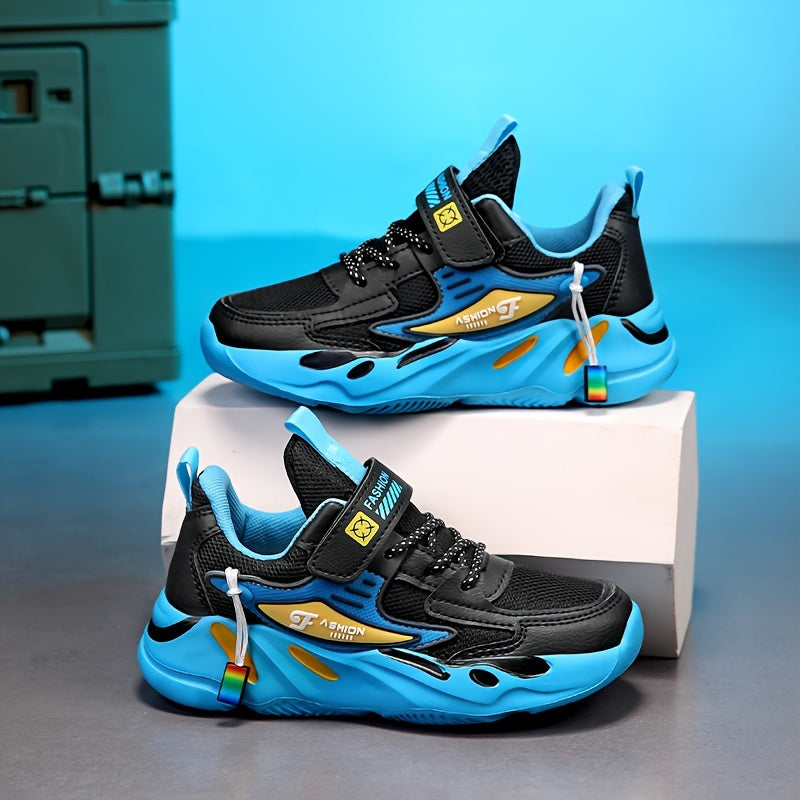 Boys' Breathable Running Sneakers with Geometric Pattern, Soft EVA Sole, Hook-and-Loop Closure