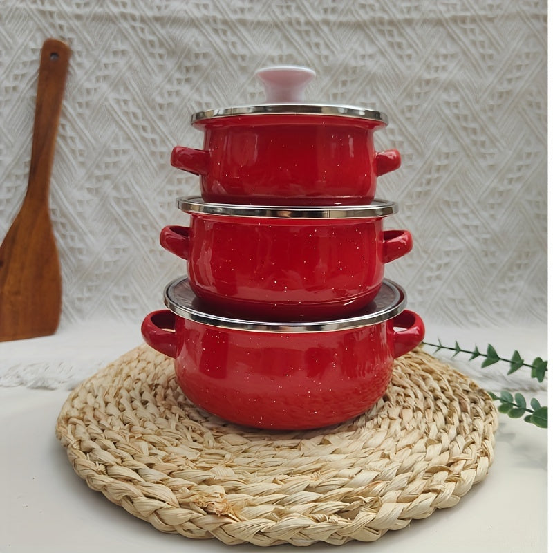 Enamel Cookware Set Includes 3 Mini Pots 12/14/16cm Solid Color Speckled Design