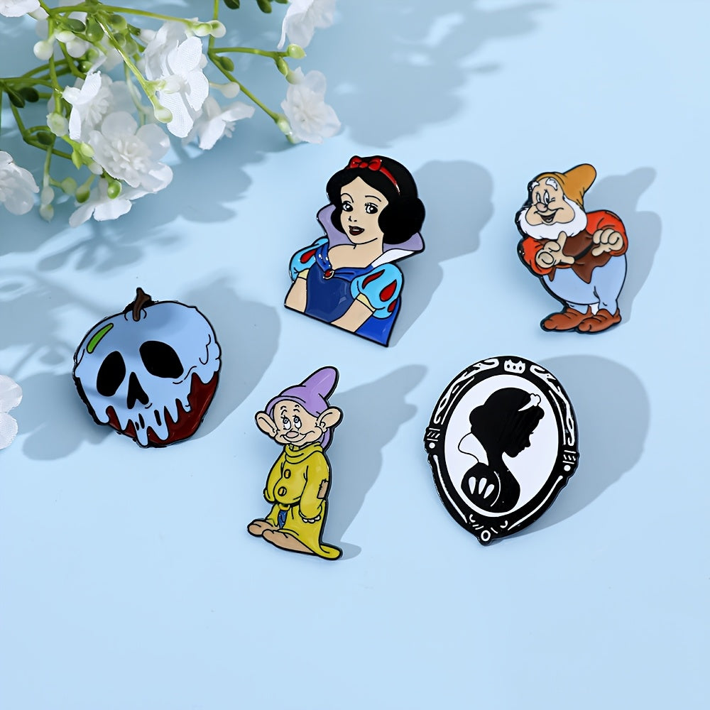 Set of 5 Enamel Pins Snow White and Dwarfs Brooches Alloy Metal for Clothing and Backpacks