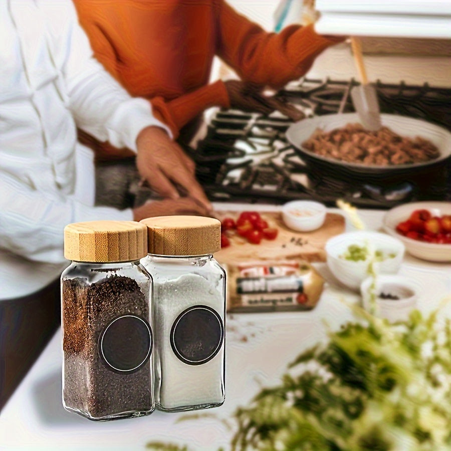 Set of 12 or 24 Glass Spice Bottles with Labels, Airtight Bamboo Lids