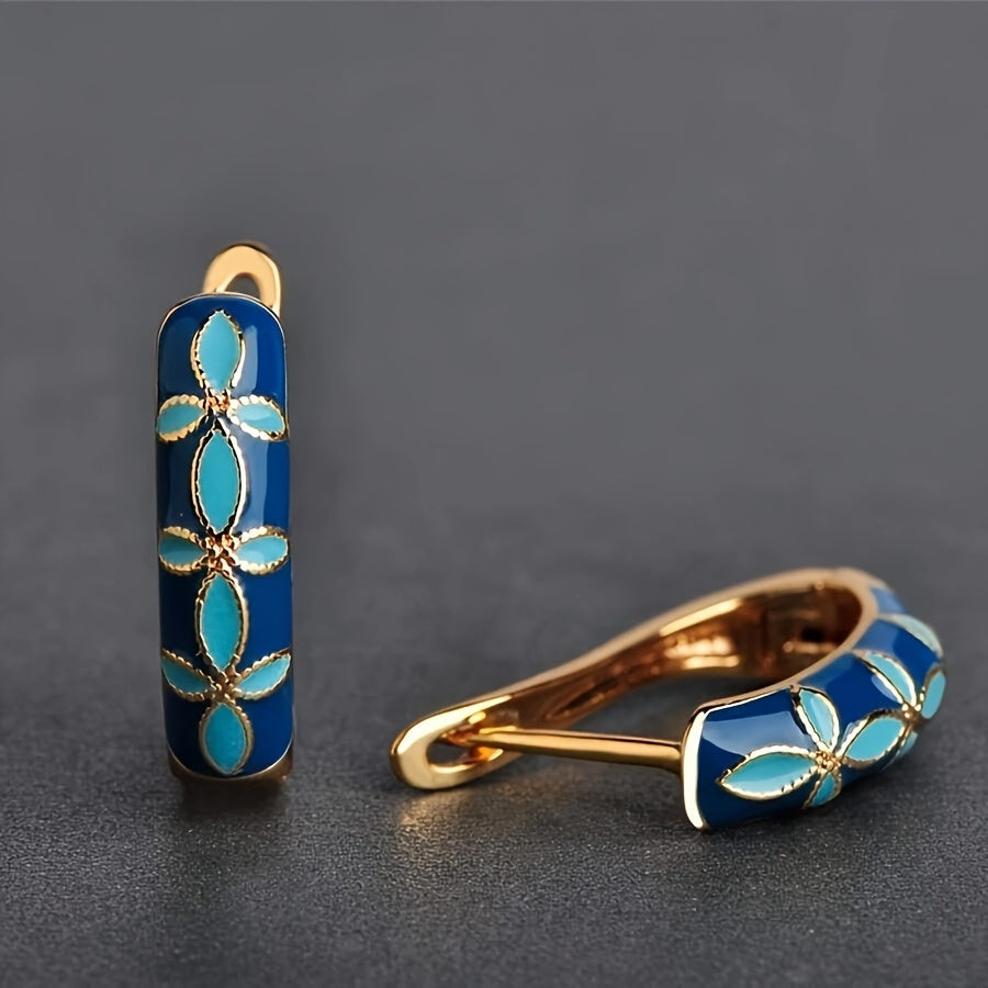 Vintage Inspired Blue Enamel Flower Hoop Earrings with Gold Bordered Copper Design