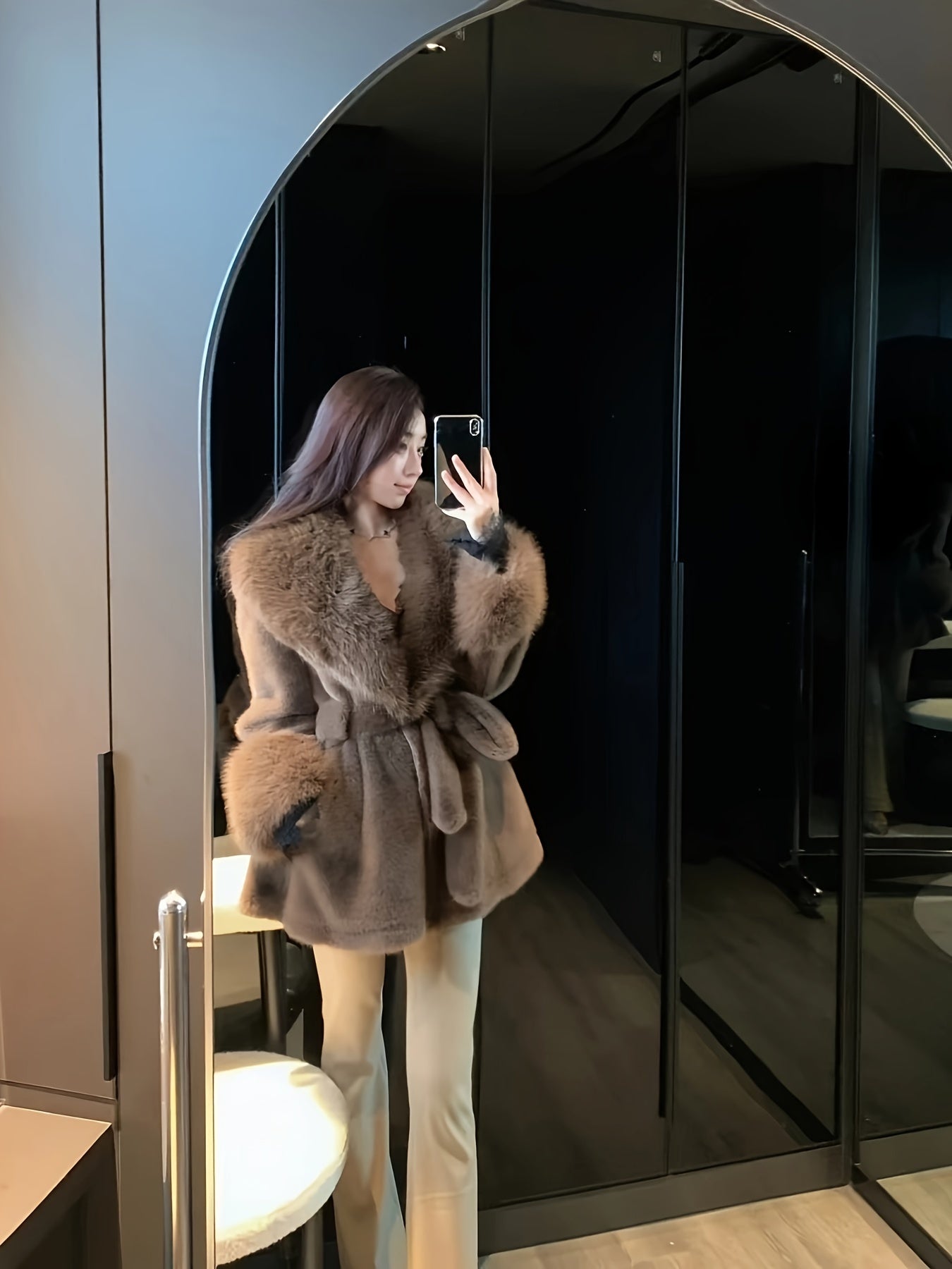 Women's Faux Fur Hooded Coat with Belt Long Sleeve Mid-Length Winter Chic