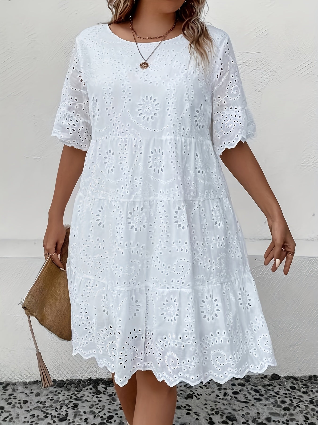 Plus Size Lace-Trimmed Eyelet Embroidery Dress with Mesh Fabric for Spring and Summer