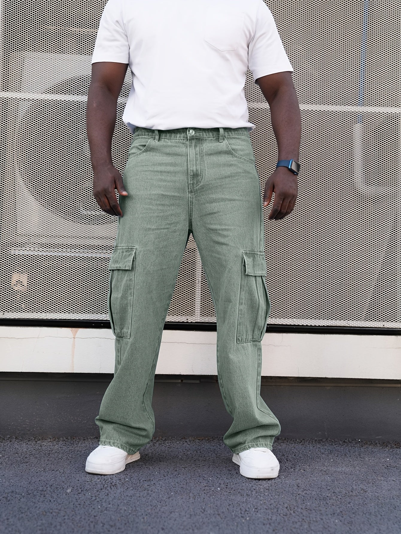 Erkaklar uchun Plus Hajm Cargo Jinslar, erkin fit, ko'p cho'ntakli, to'qilgan mato, barcha mavsum uchun