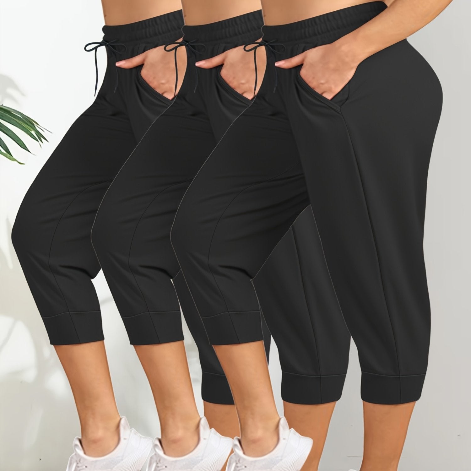 Plus Size Drawstring Side Pocket Cropped Joggers Three Pack Loose Fit Pants