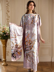 Plus Size Women's Floral Print Maxi Dress with Scarf Batwing Sleeves