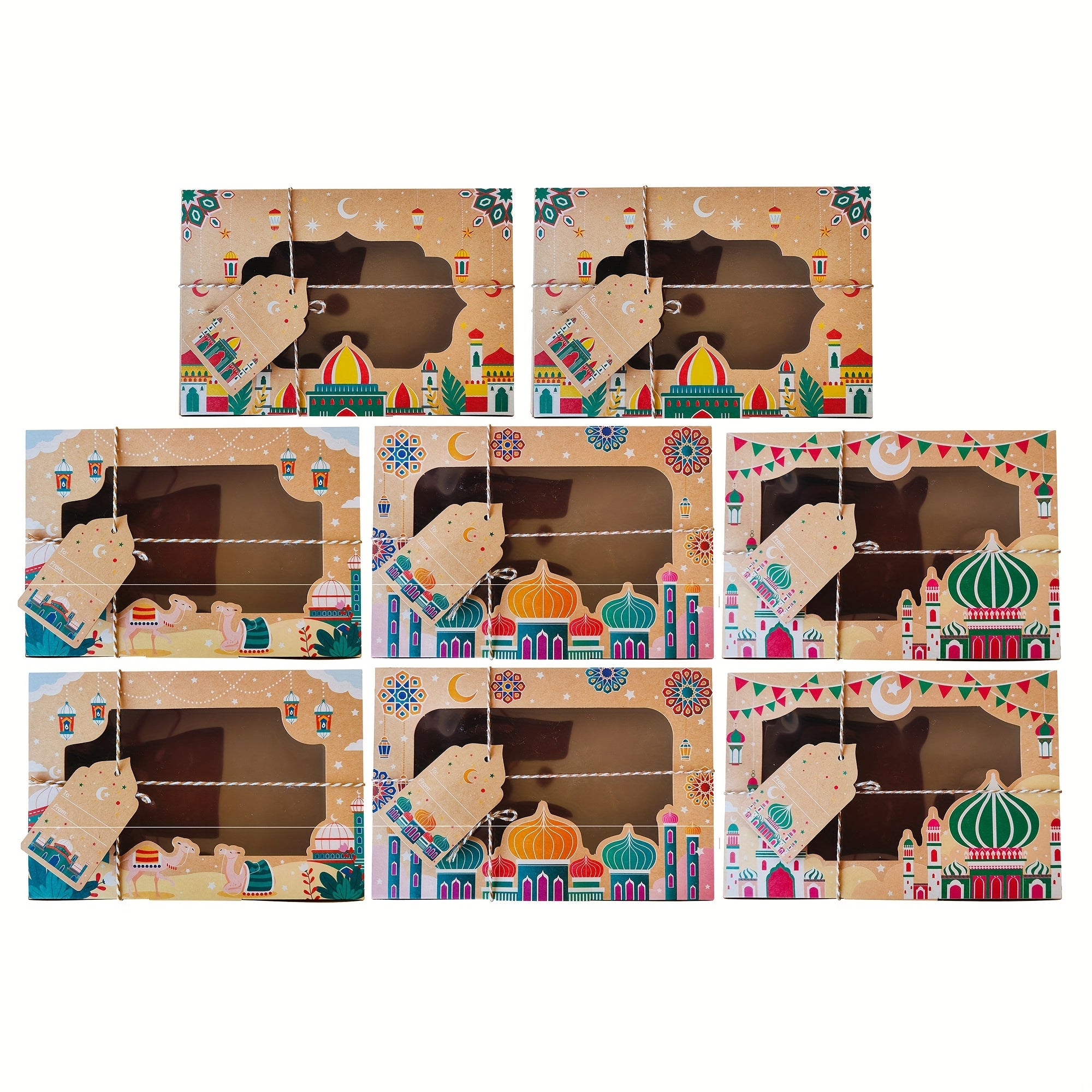 Eid Kraft Paper Gift Boxes with Islamic Designs and View Window for Ramadan Candy Packaging Set of 24