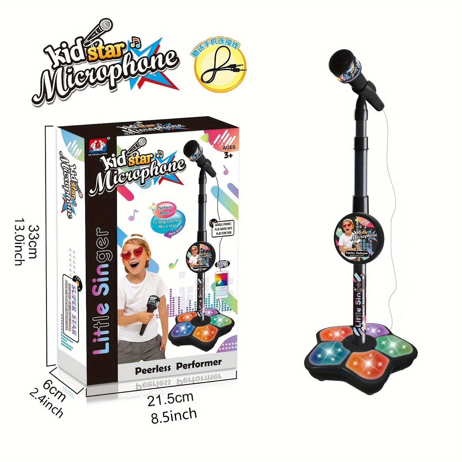 Kids' Karaoke Microphone with Stand Adjustable Height Light Effects MP3 Connectivity for Children