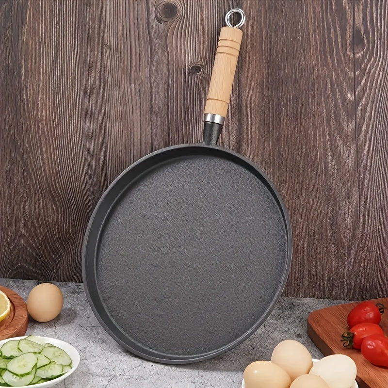 Cast Iron Non-Stick Frying Pan with Wooden Handle and Omelette Roll Maker