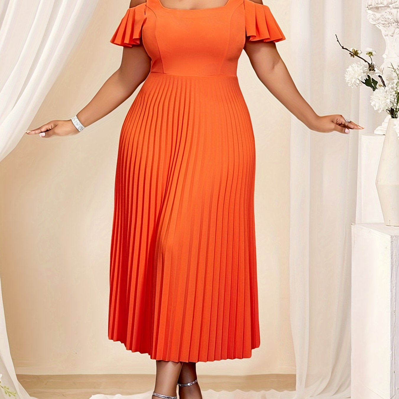 Plus Size Orange Midi Dress with Ruffle Sleeves and Pleated Detail