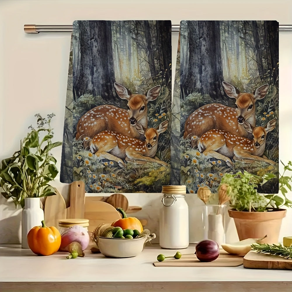 Set of 2 Coastal Style Kitchen Towels, Deer Design, Super Absorbent, 16x24 Inches
