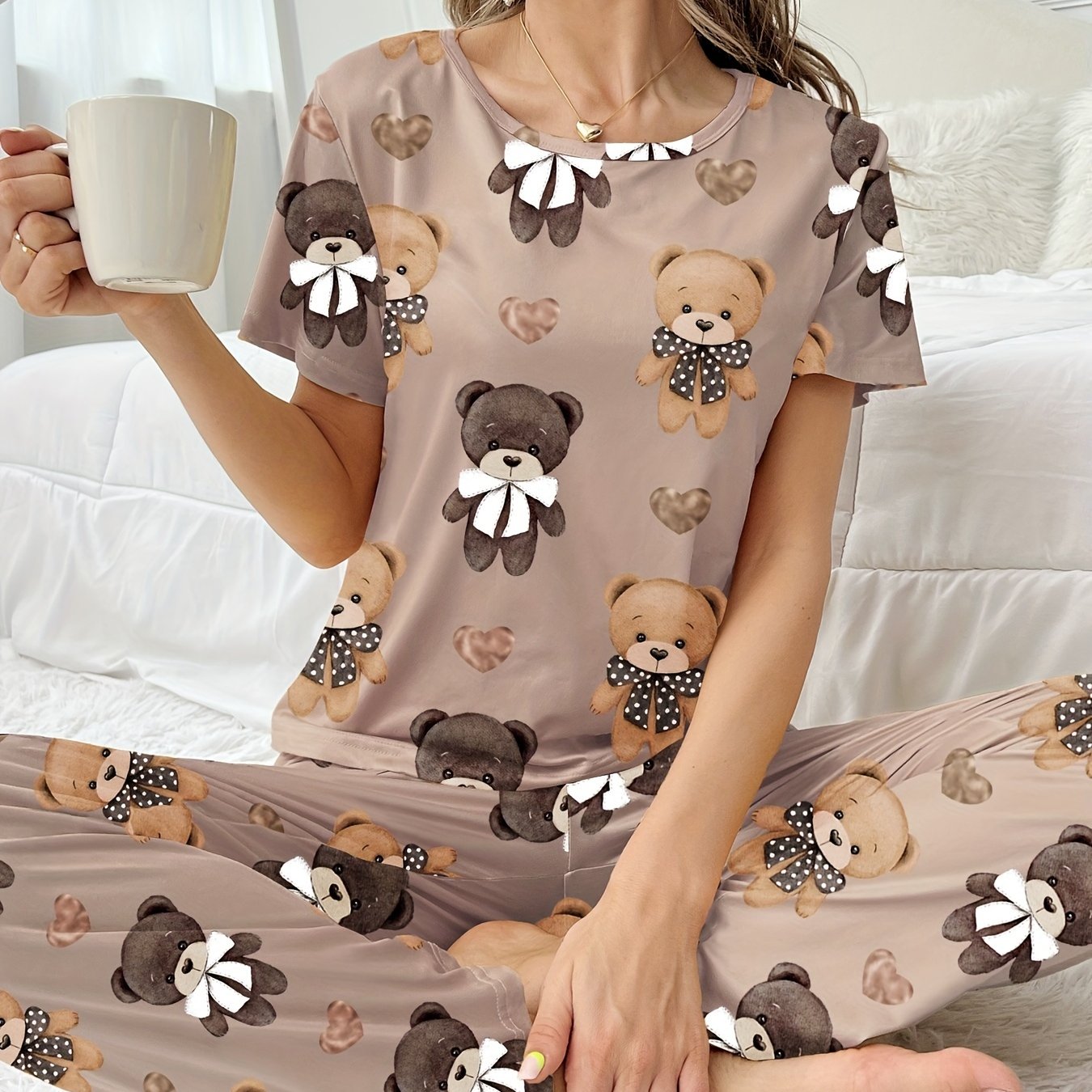 Women's Sleepwear Set with Cartoon Bear and Heart Print Short Sleeve Top and Elastic Pants