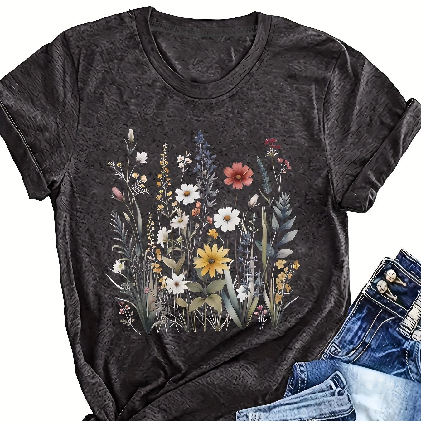 Plus Size Floral Print T-Shirt Polyester Crew Neck Summer Pocket Tee
