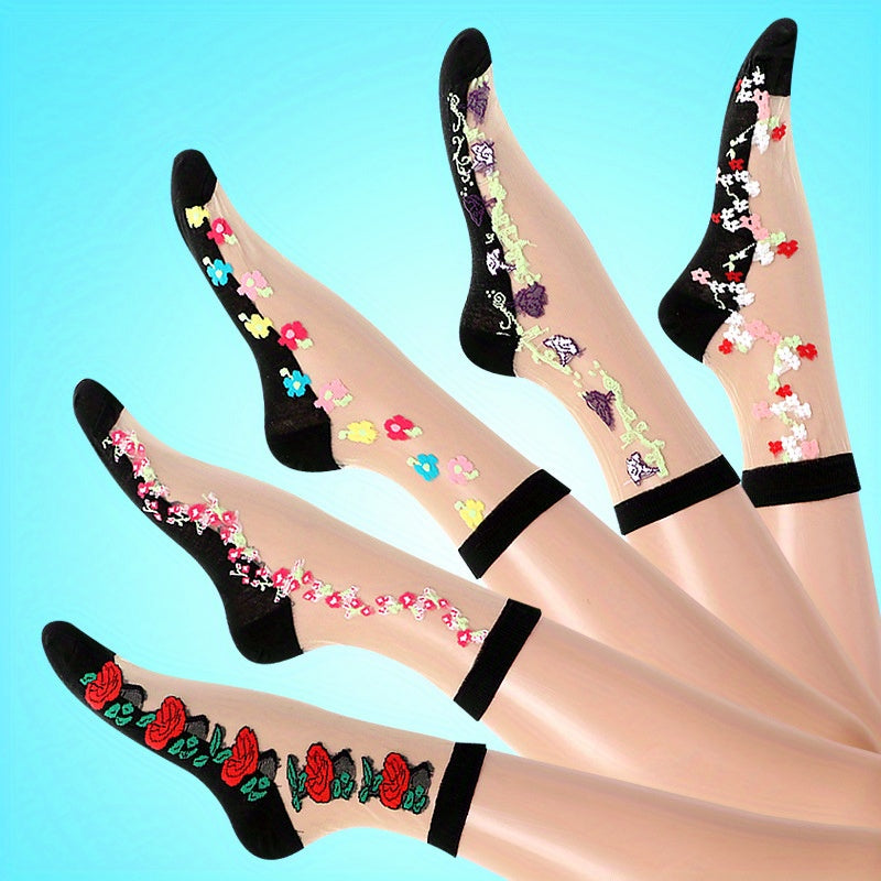 Women's Mesh Short Socks 5 Pairs Floral Pattern Breathable Lightweight Black Multicolor