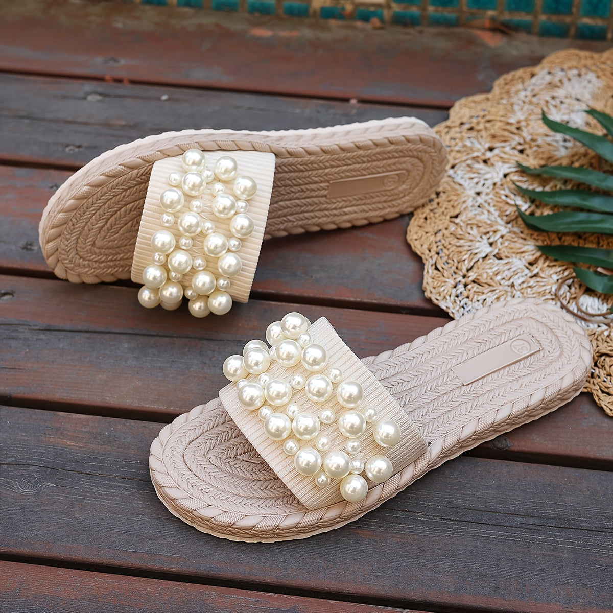 Women's Pearl Slide Sandals Lightweight Fabric Beige Open Toe Casual Slippers