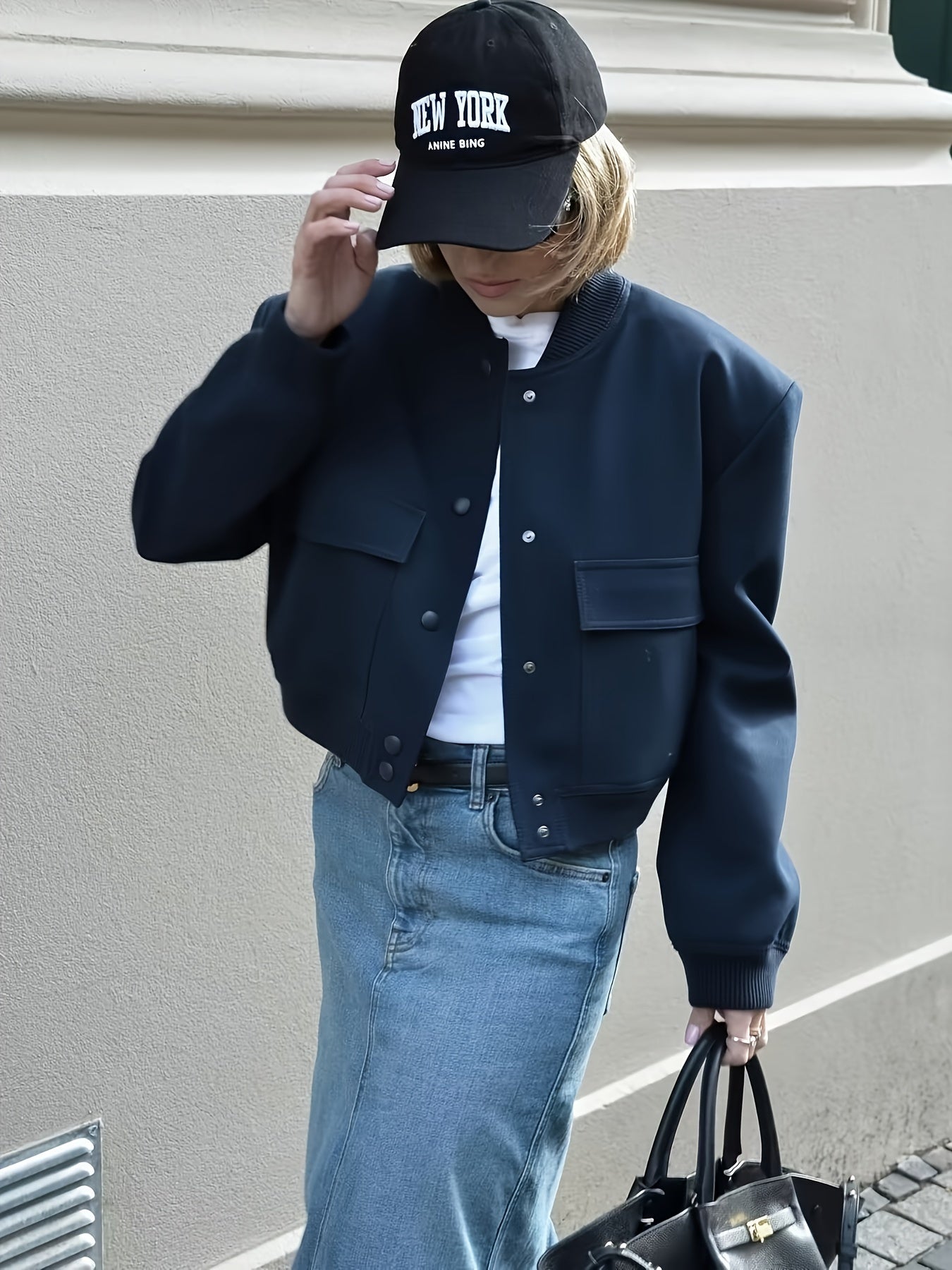 Women's Polyester Casual Bomber Jacket with Stand Collar and Large Pockets for Spring Fall