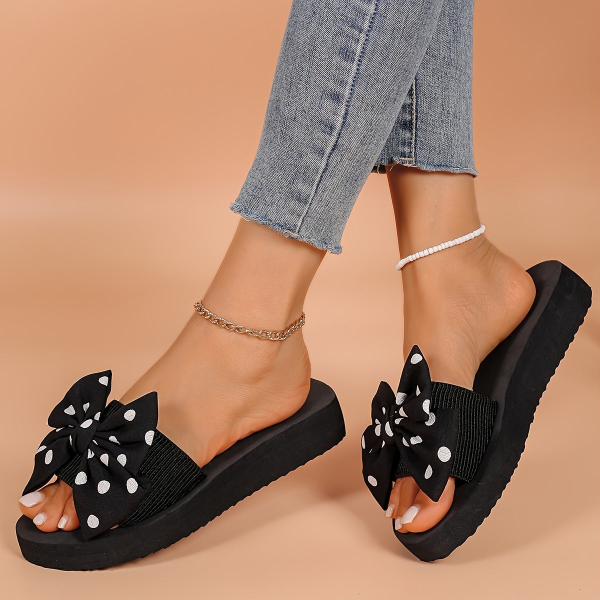 Women's Thick-Soled Floral Flip-Flops with Bow Non-Slip Beach Sandals