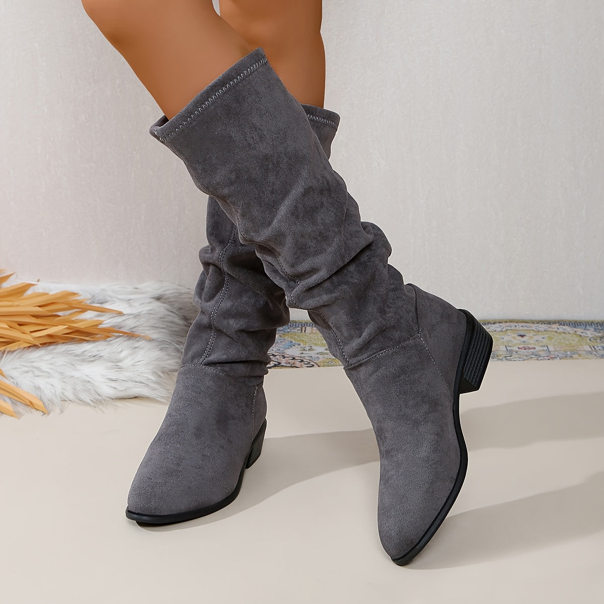 Women's Knee-High Boots Solid Color All-Season Fabric Flannel Lining