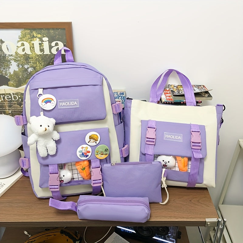 4-Piece Nylon Backpack Set for School Travel with Adjustable Straps and Zipper Closure