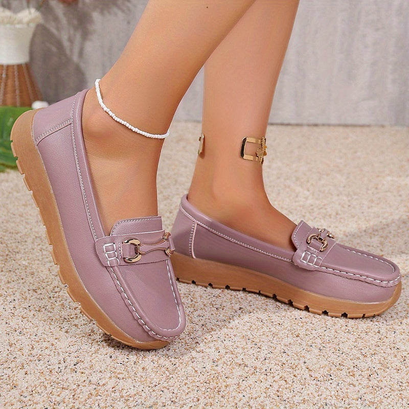 Women's Slip-On Loafers PU Cover Upper TPR Sole Metallic Buckle All-Season Flats
