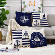 Set of 4 Nautical Polyester Linen Pillowcases Blue Sailboats Anchors Compasses 18x18 Inches