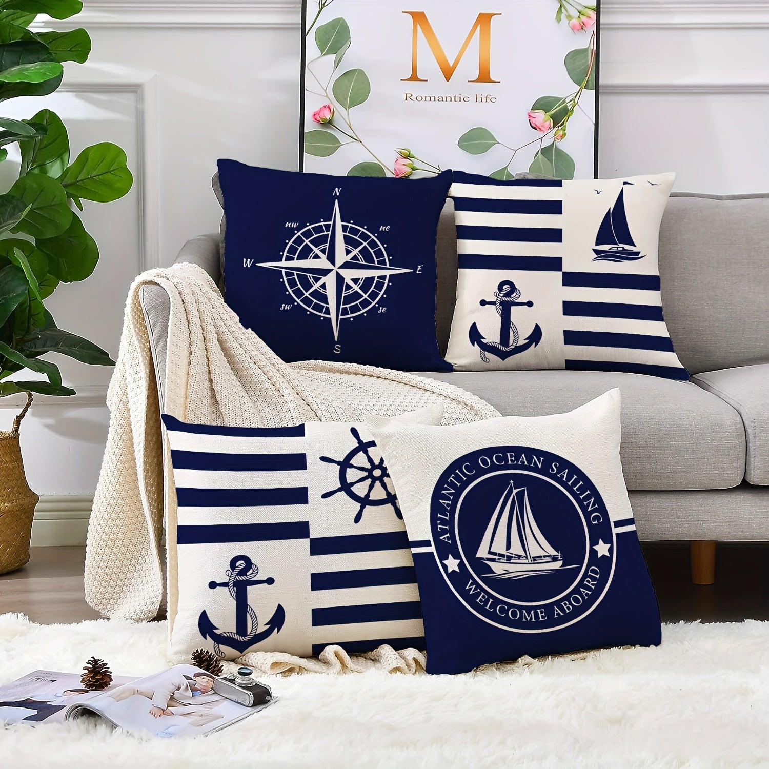 Set of 4 Nautical Polyester Linen Pillowcases Blue Sailboats Anchors Compasses 18x18 Inches