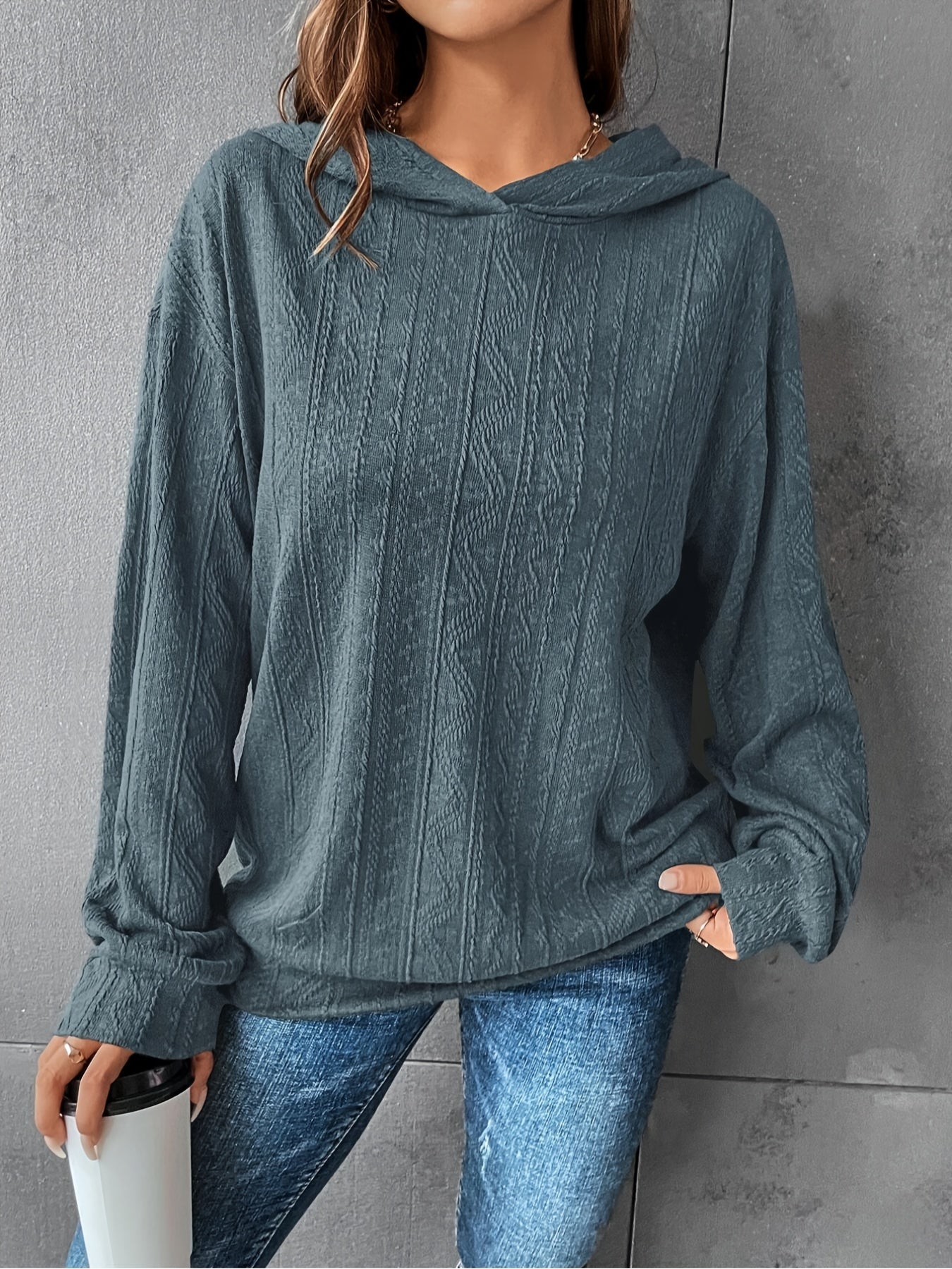 Plus Size Women's Solid Textured Long Sleeve Hoodie Sweatshirt