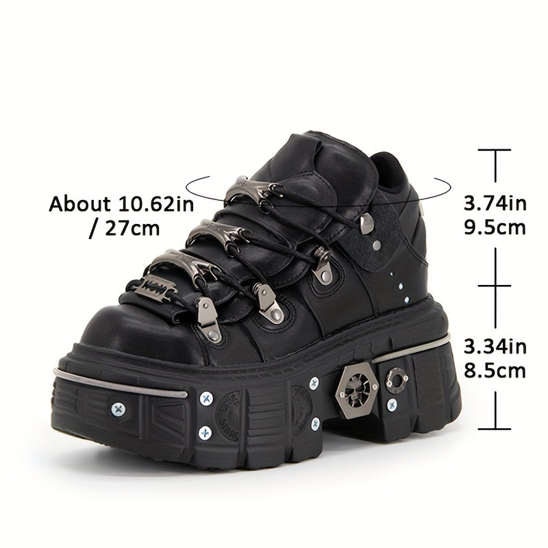 Women's Black Punk Platform Sneakers High Heel Round Toe Outdoor Shoes