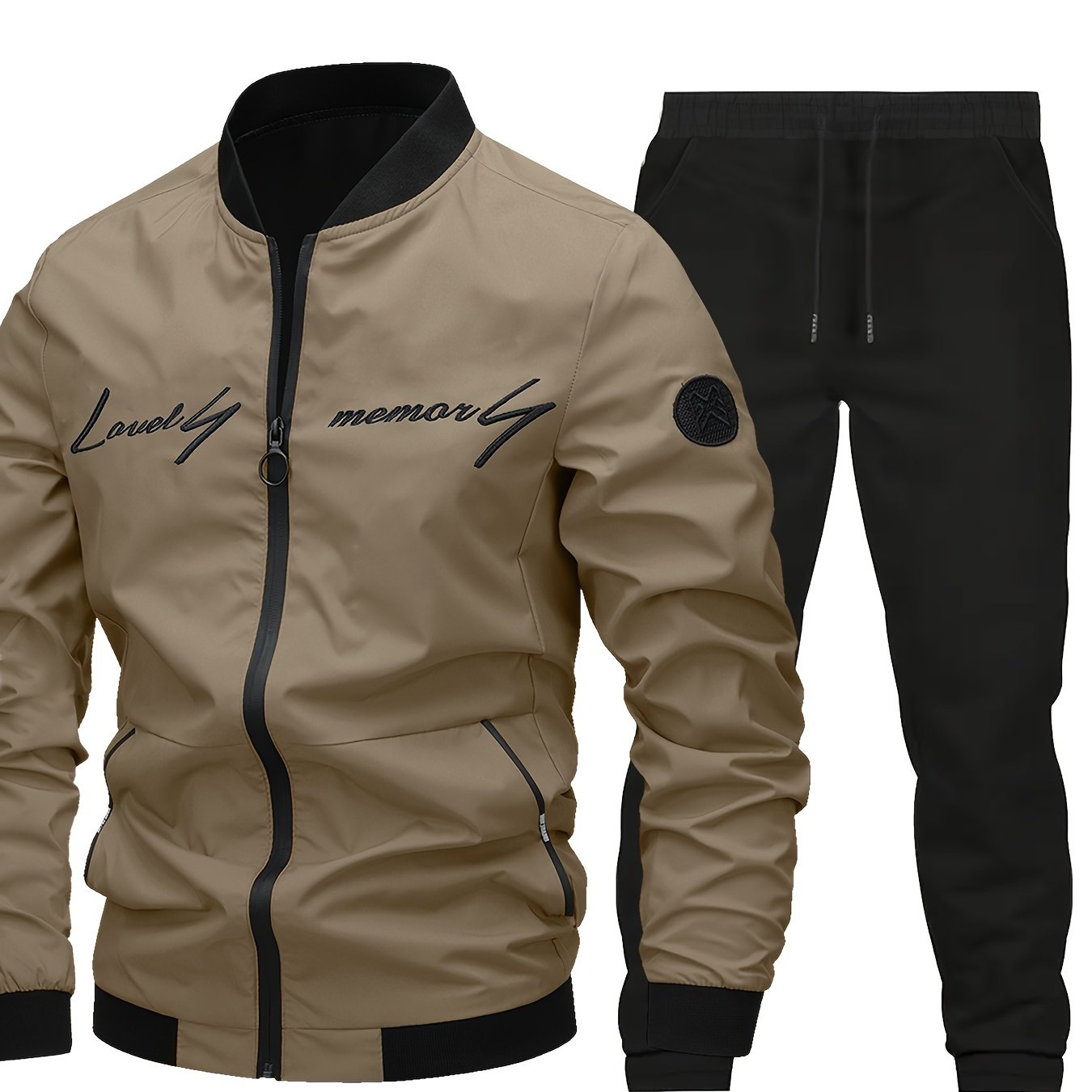 Men's Black Polyester Bomber Jacket and Jogging Pants Set with Letter Embroidery