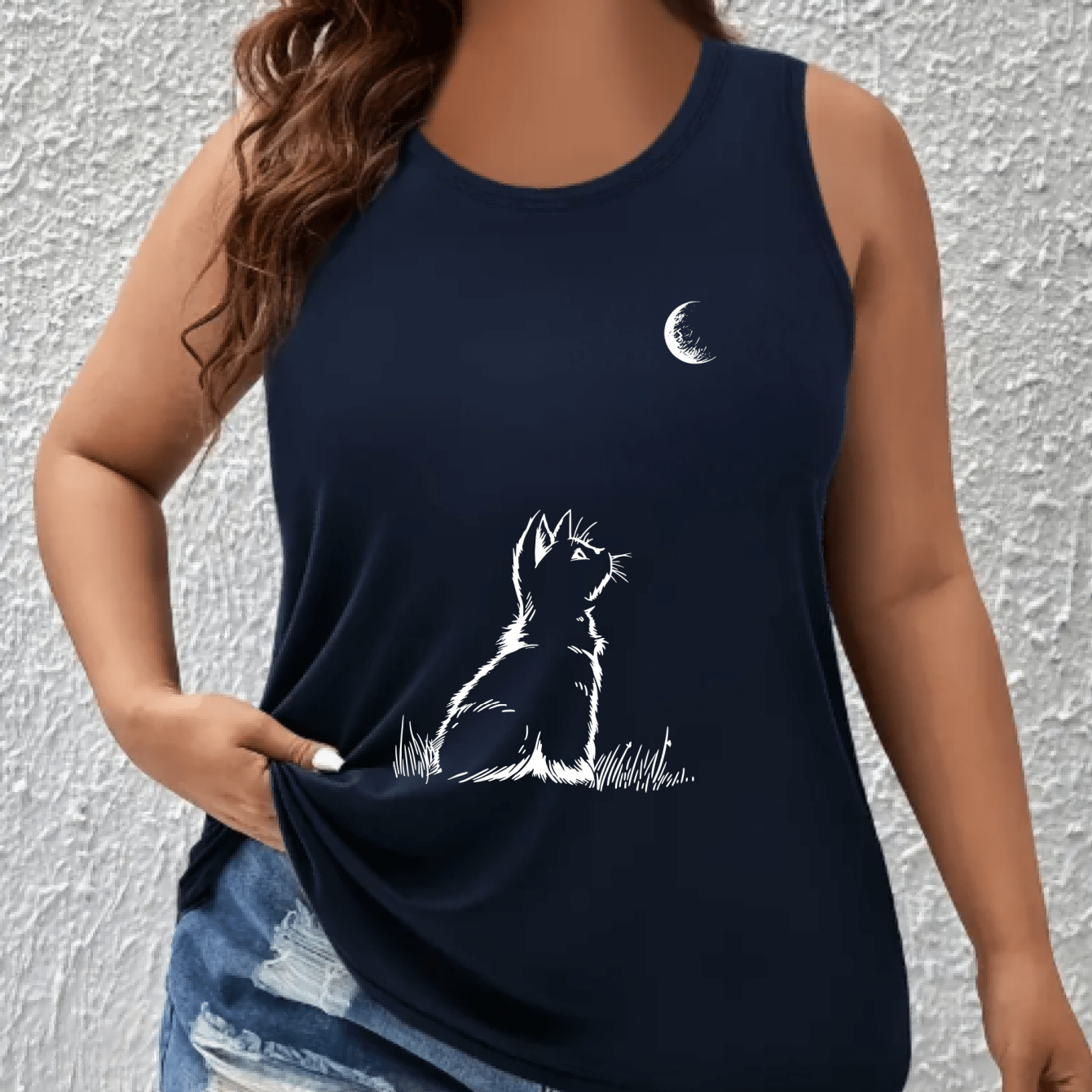 Women's Plus Size Sleeveless Tank Top with Cartoon Cat and Moon Print
