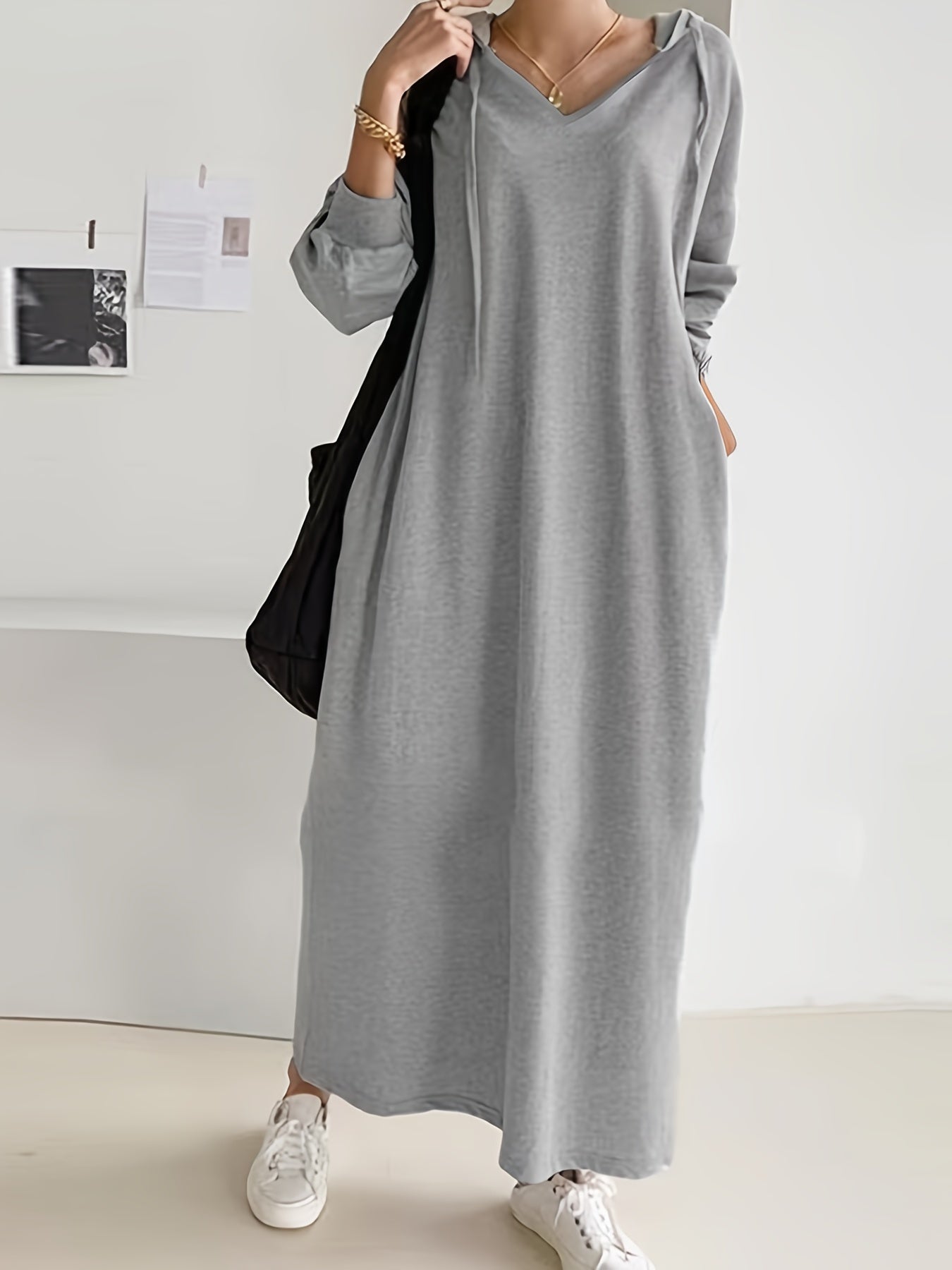 Plus Size Solid Drawstring Hooded Maxi Dress for Fall Winter Casual Women