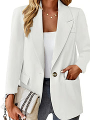 Women's Solid Color Suit with Turned Collar and Single Button for Slimming Look