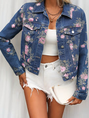 Plus Size Floral Print Denim Jacket for Women Long Sleeve Spring Fall Fashion