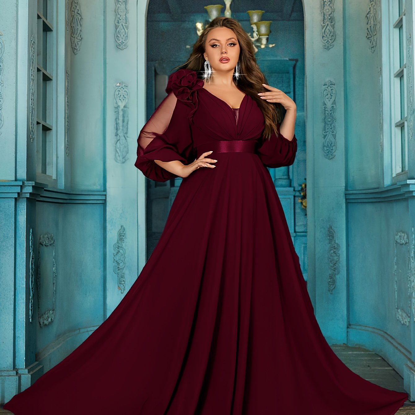 Maroon Maxi Dress for Plus Size V-Neck Lantern Sleeves Pleated Long Casual Semi-Formal
