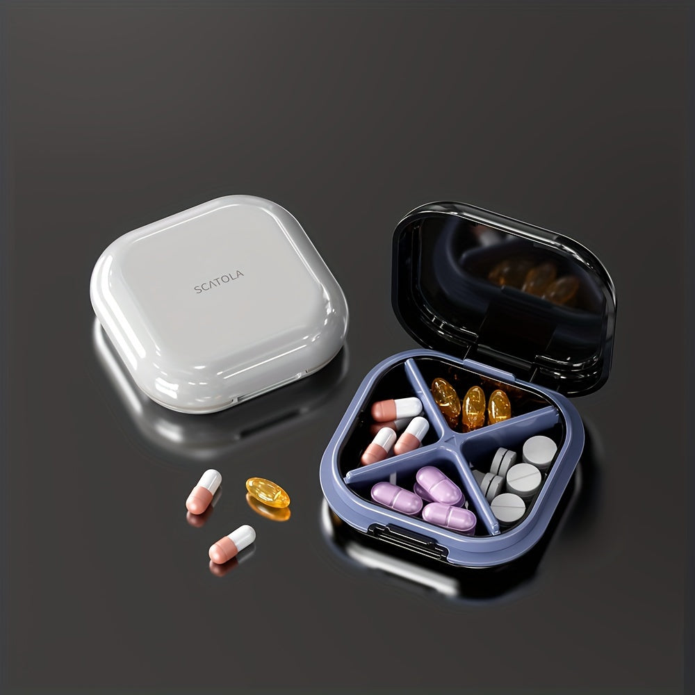 White and Blue 4-Compartment Pill Organizer with Transparent Lid for Travel and Daily Use