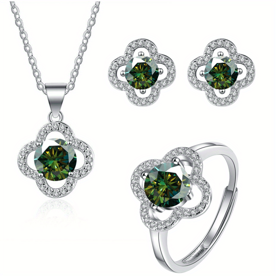 Moissanite Jewelry Set 925 Sterling Silver Earrings Necklace Ring Flower Design Gift