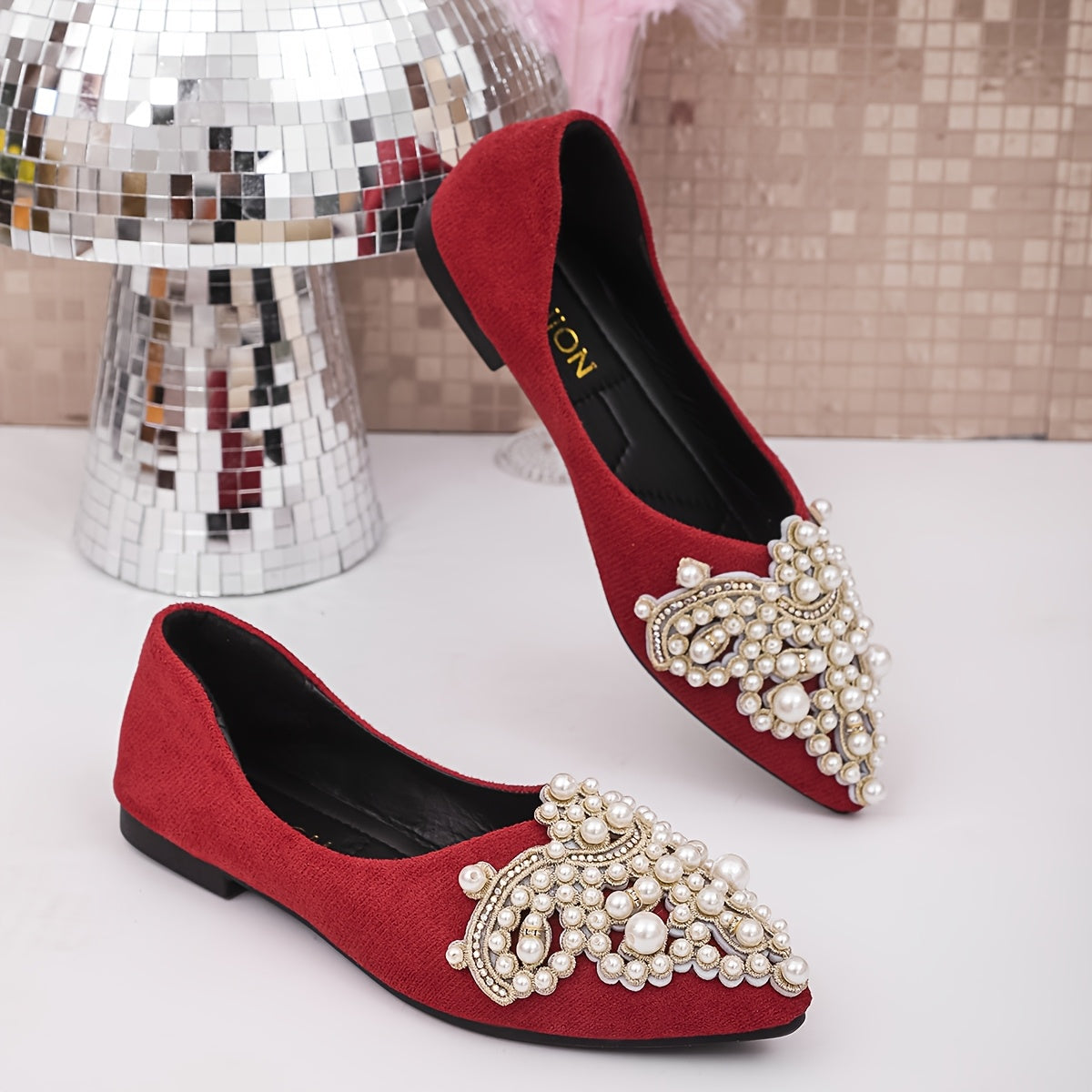 Women's Slip-On Flats with Faux Pearl and Rhinestone Embellishments Lightweight Pointed Toe Shoes for All Seasons