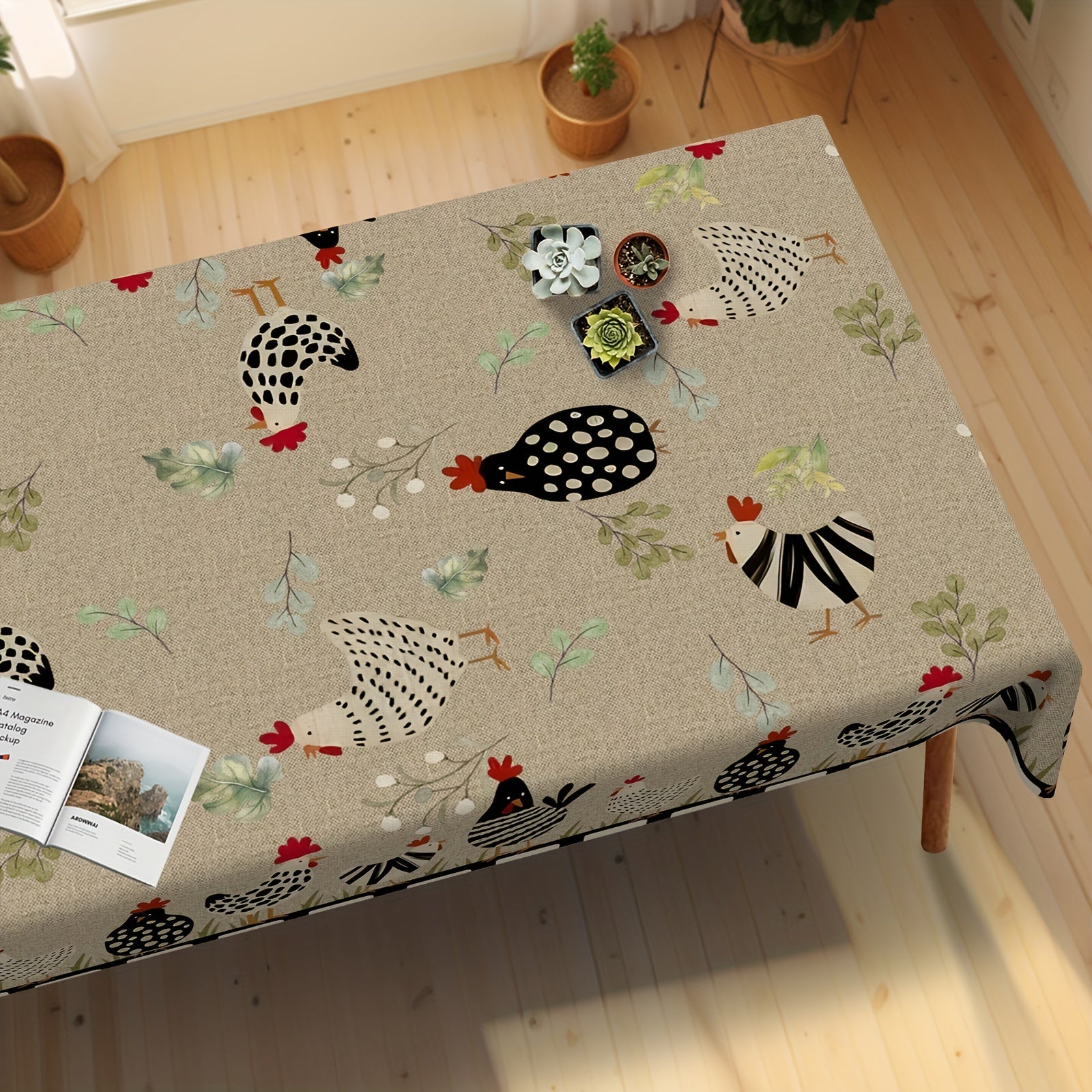 Rustic Farmhouse Style Table Cover with Rooster Pattern Stain Resistant Non-slip Wrinkle Resistant